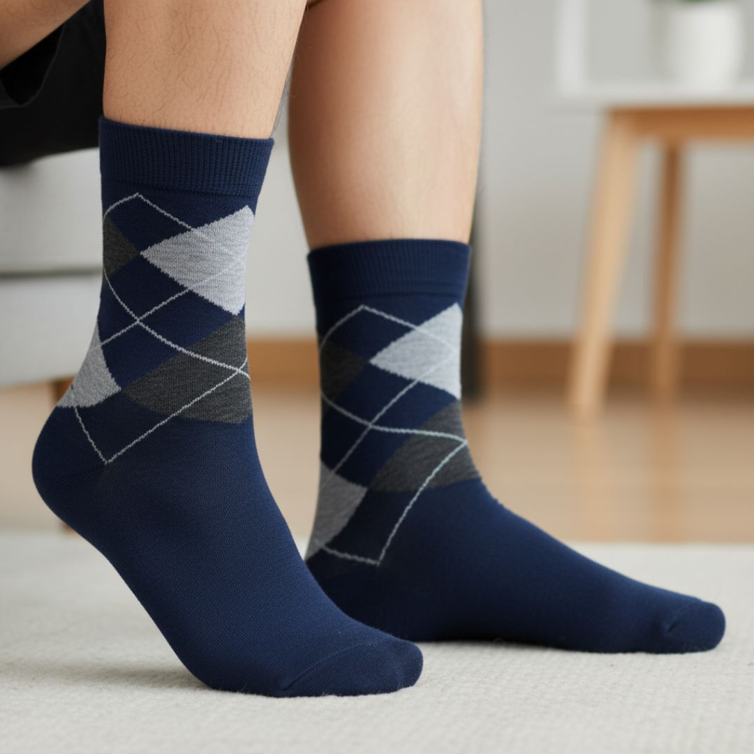 Navy Blue Cotton Ankle-Length Socks with Argyle Pattern