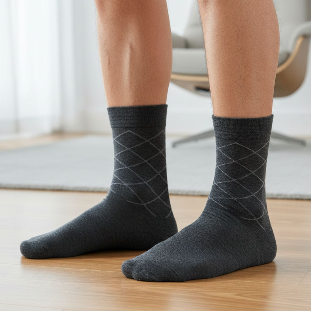 Dark Grey Cotton Ankle-Length Socks with Subtle Line Design - Image 3