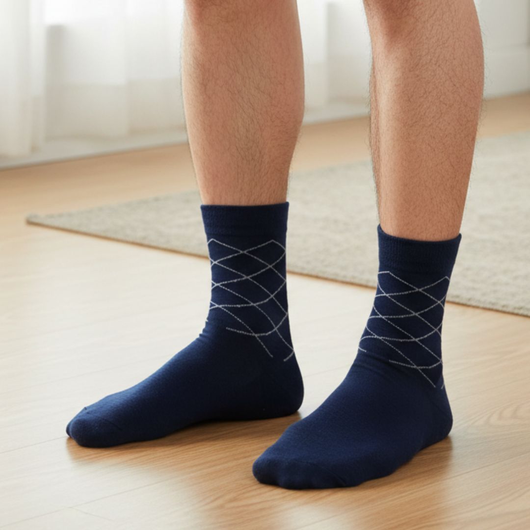 Navy Blue Cotton Ankle-Length Socks with Minimal Line Pattern - Image 3